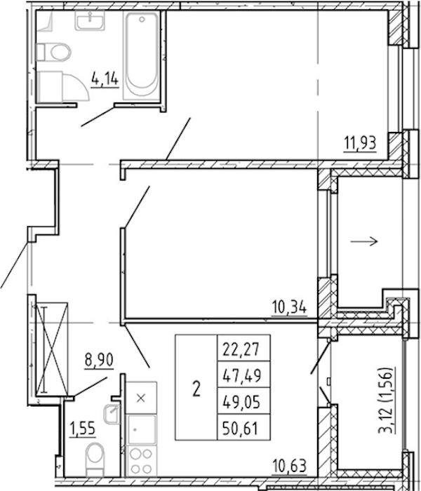 2-комнатная квартира 47.49 м², 11/12 эт., ЖК «Полис Новоселье»